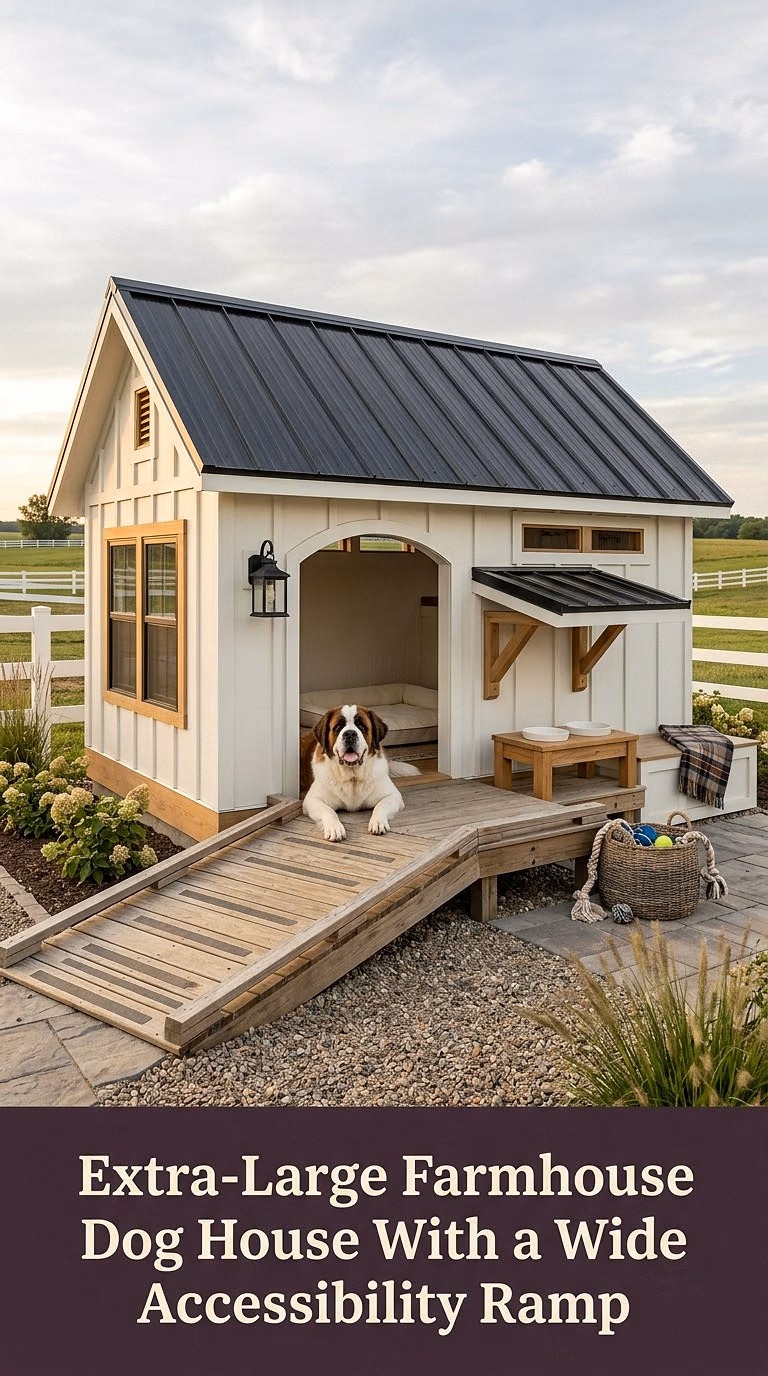 15. Extra-Large Farmhouse Dog House With a Wide Accessibility Ramp