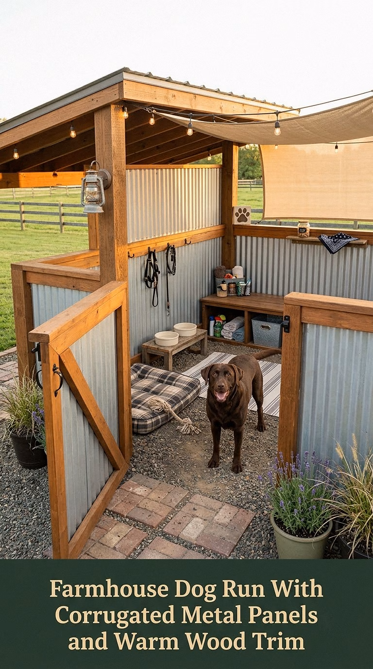 15. Farmhouse Dog Run With Corrugated Metal Panels and Warm Wood Trim