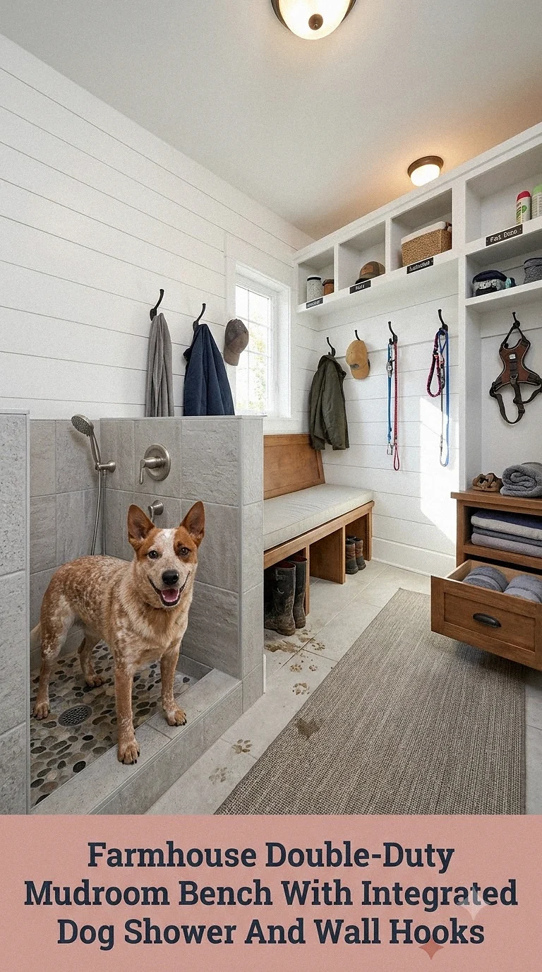 Farmhouse Double-Duty Mudroom Bench With Integrated Dog Shower And Wall Hooks