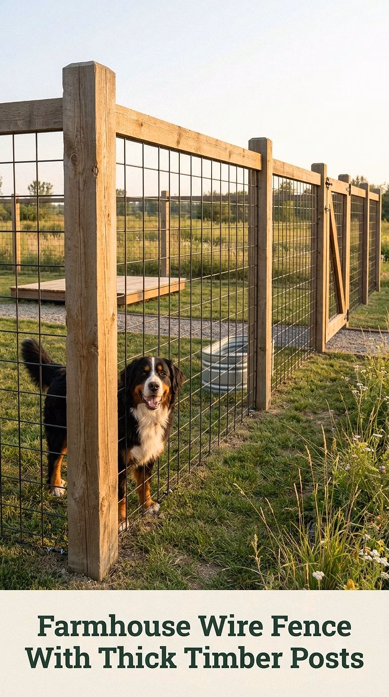 Farmhouse Wire Fence With Thick Timber Posts