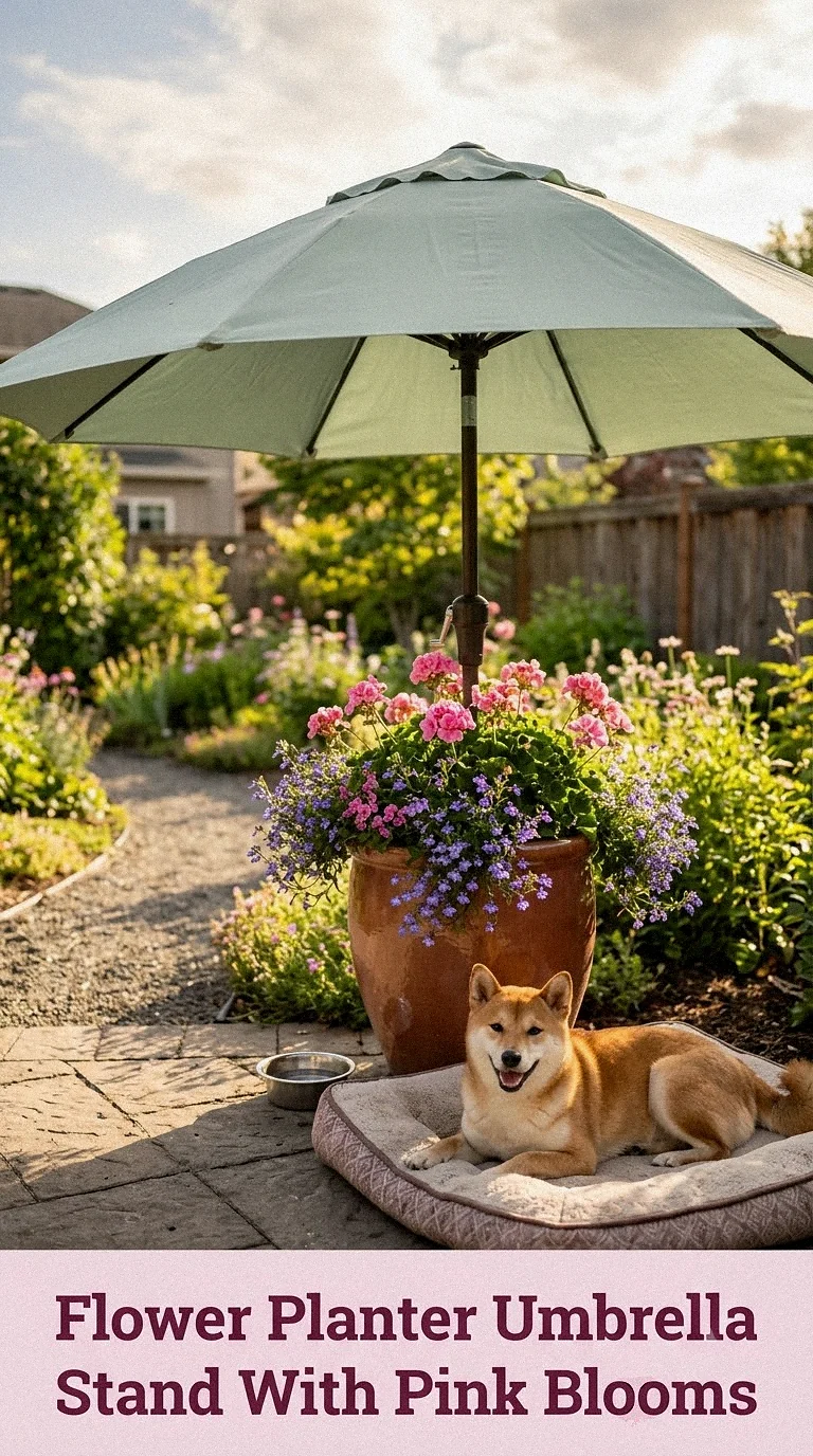 Flower Planter Umbrella Stand With Pink Blooms