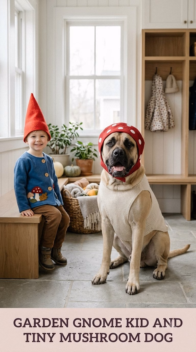 Garden Gnome Kid And Tiny Mushroom Dog