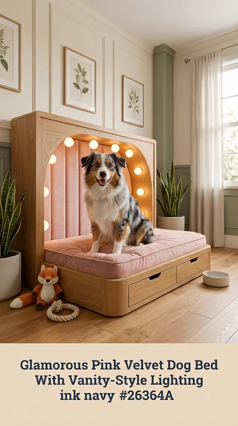 Glamorous Pink Velvet Dog Bed With Vanity-Style Lighting