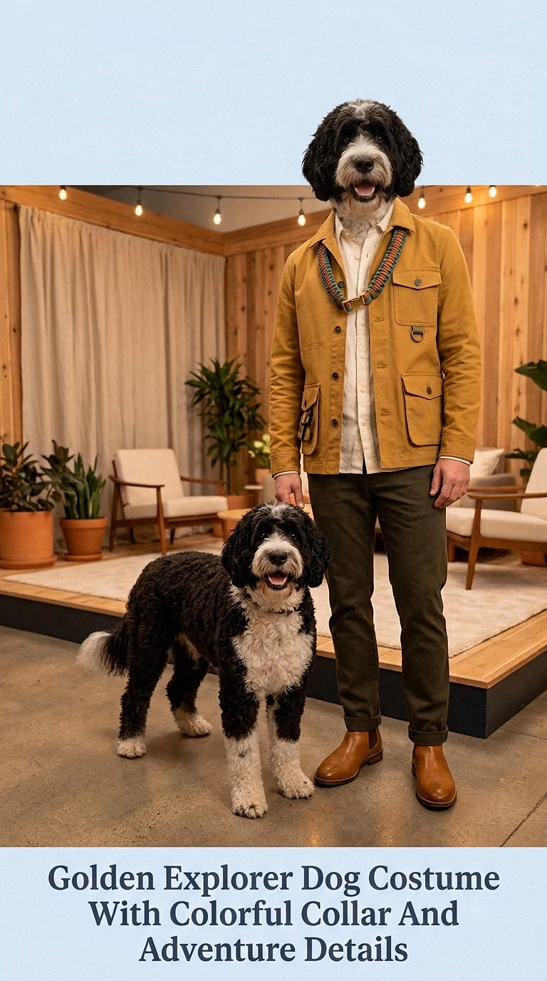 Golden Explorer Dog Costume With Colorful Collar And Adventure Details