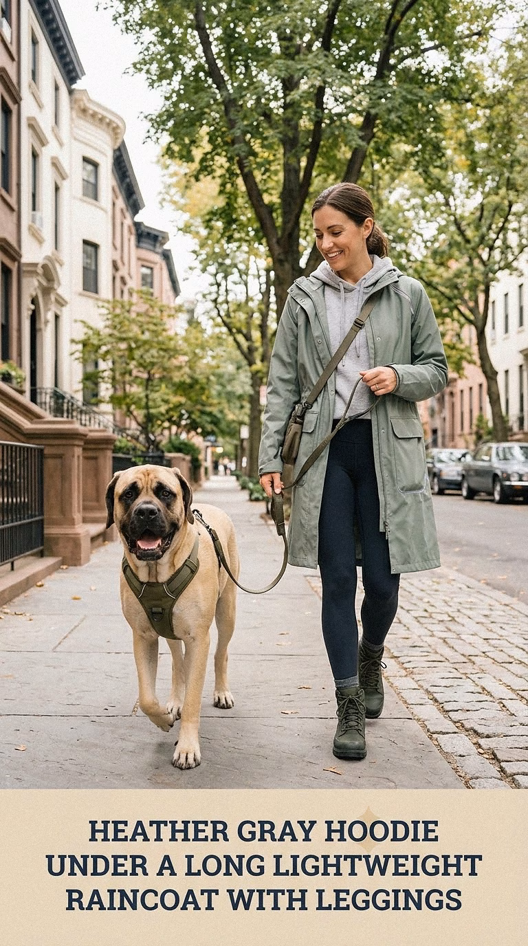 Heather Gray Hoodie Under A Long Lightweight Raincoat With Leggings