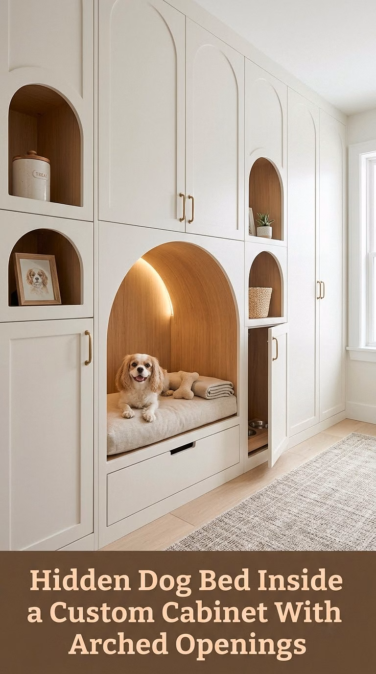 15. Hidden Dog Bed Inside a Custom Cabinet With Arched Openings