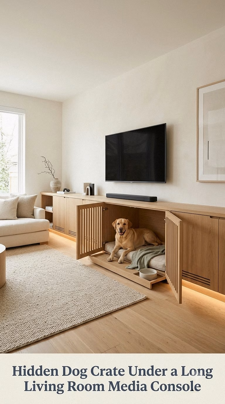 Hidden Dog Crate Under a Long Living Room Media Console