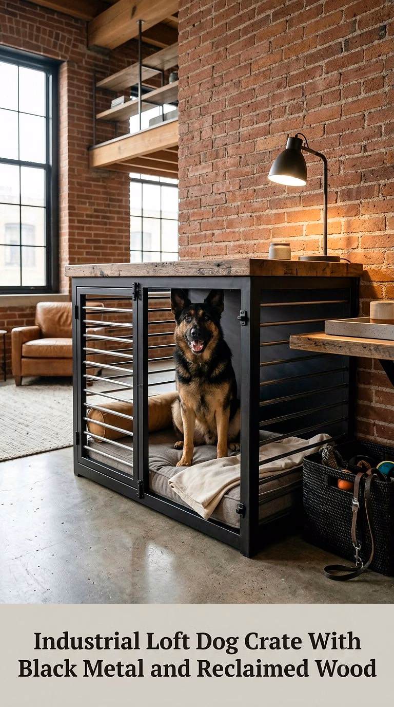 Industrial Loft Dog Crate With Black Metal and Reclaimed Wood