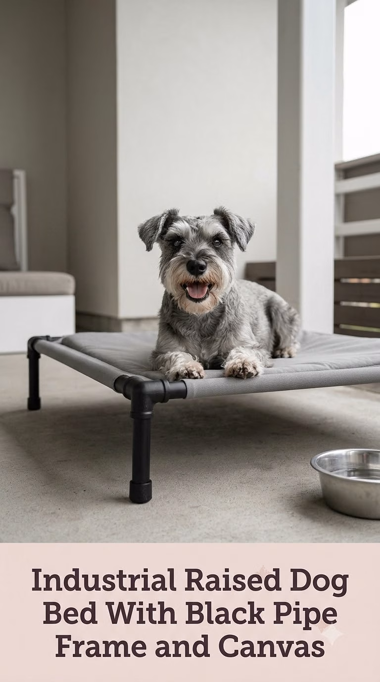 Industrial Raised Dog Bed With Black Pipe Frame and Canvas