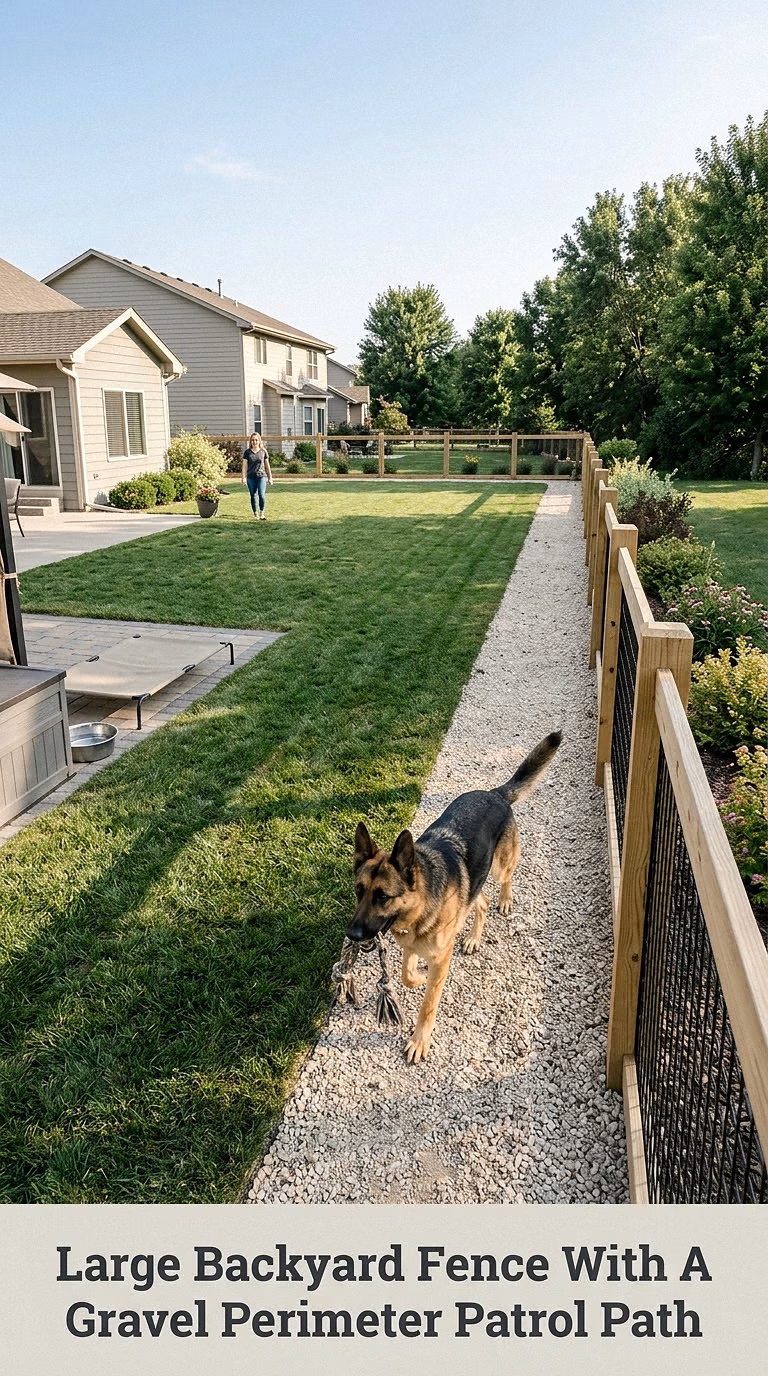 Large Backyard Fence With A Gravel Perimeter Patrol Path