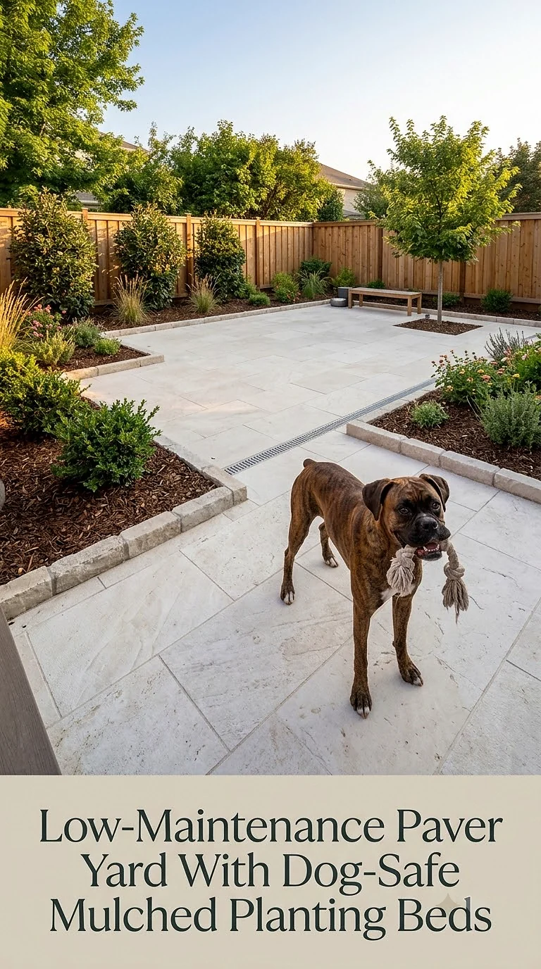 Low-Maintenance Paver Yard With Dog-Safe Mulched Planting Beds