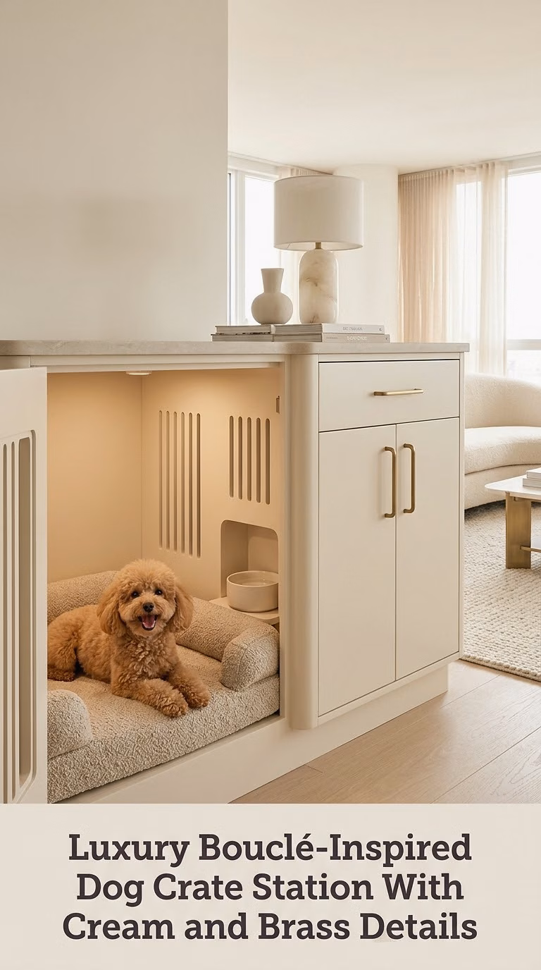 Luxury Bouclé-Inspired Dog Crate Station With Cream and Brass Details