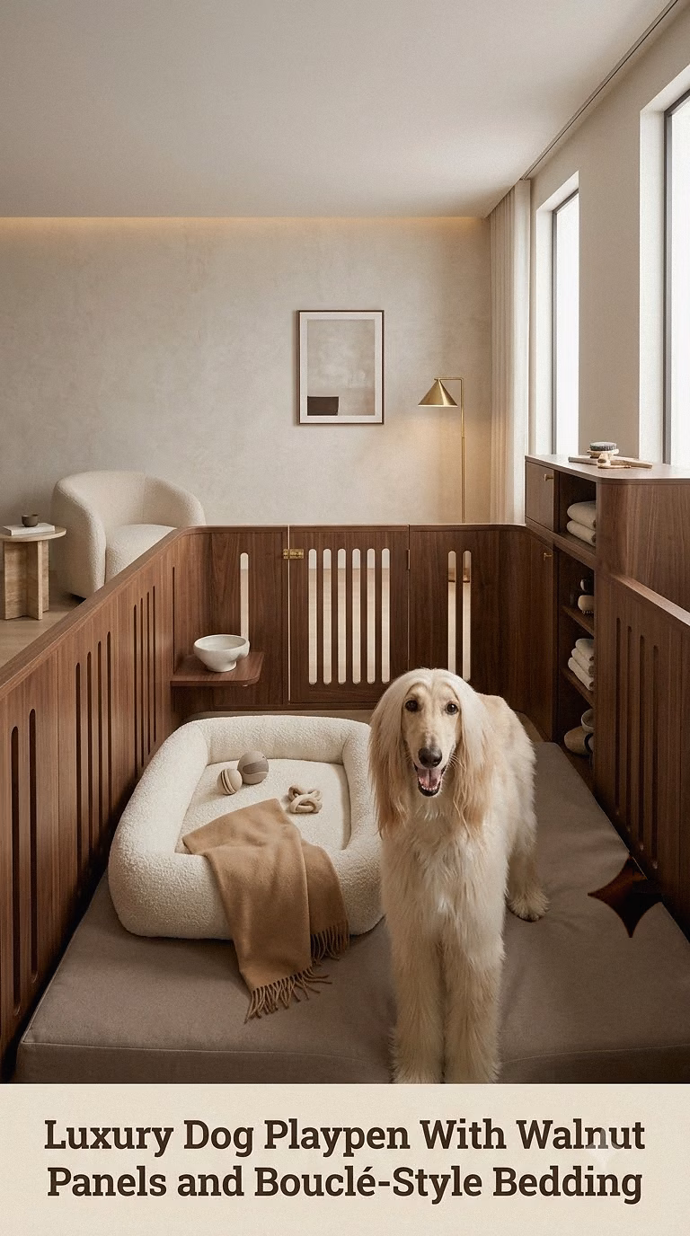 Luxury Dog Playpen With Walnut Panels and Bouclé-Style Bedding
