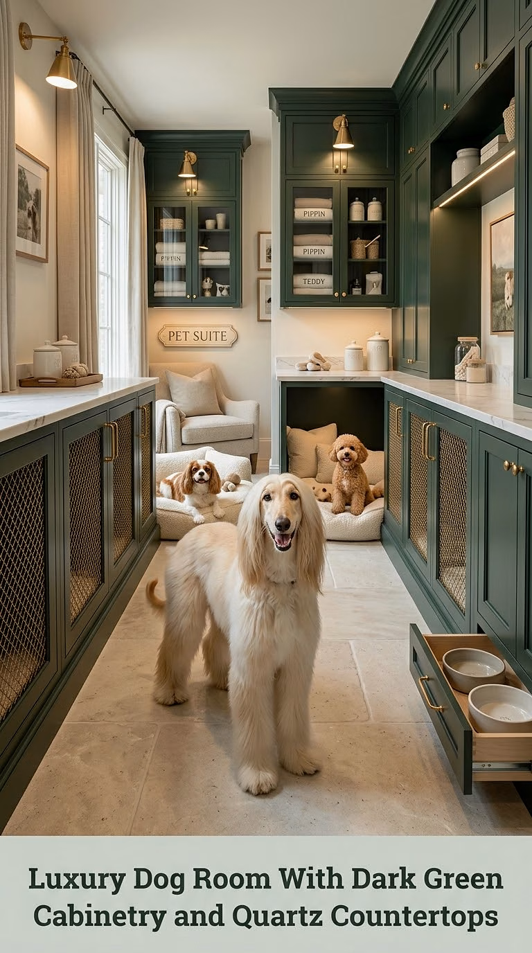 Luxury Dog Room With Dark Green Cabinetry and Quartz Countertops