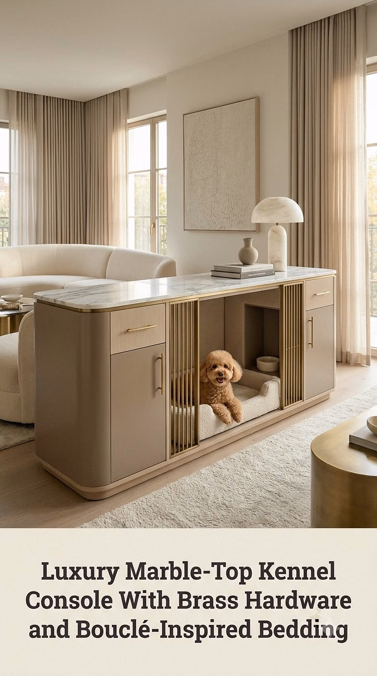 Luxury Marble-Top Kennel Console With Brass Hardware and Bouclé-Inspired Bedding