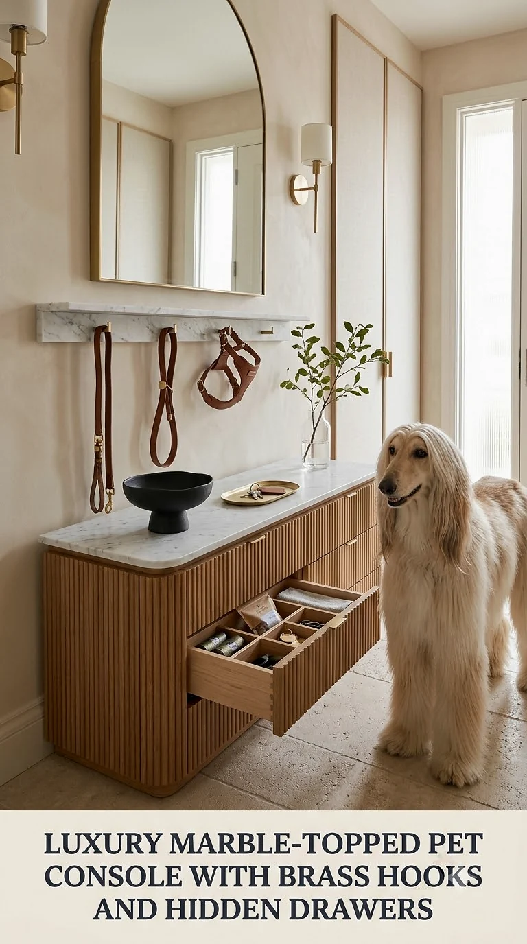 Luxury Marble-Topped Pet Console With Brass Hooks And Hidden Drawers