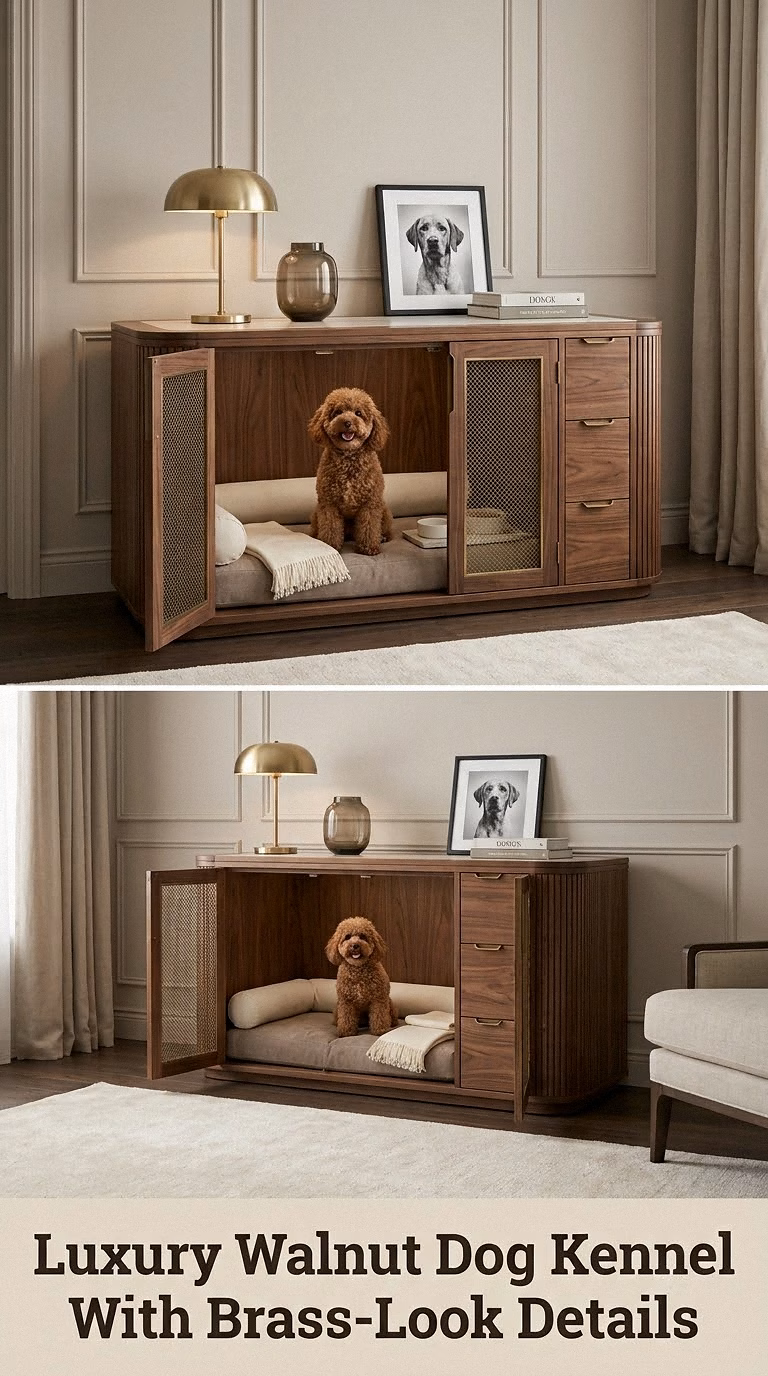 Luxury Walnut Dog Kennel With Brass-Look Details