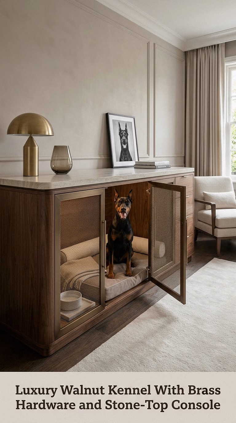 Luxury Walnut Kennel With Brass Hardware and Stone-Top Console