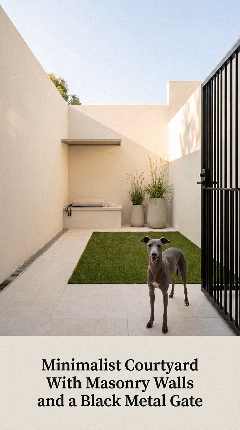 Minimalist Courtyard With Masonry Walls and a Black Metal Gate