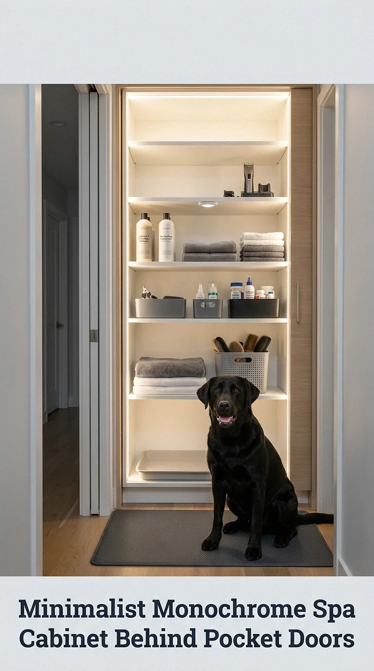 Minimalist Monochrome Spa Cabinet Behind Pocket Doors