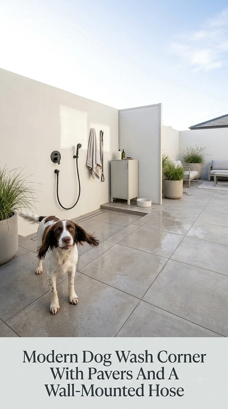 Modern Dog Wash Corner With Pavers And A Wall-Mounted Hose