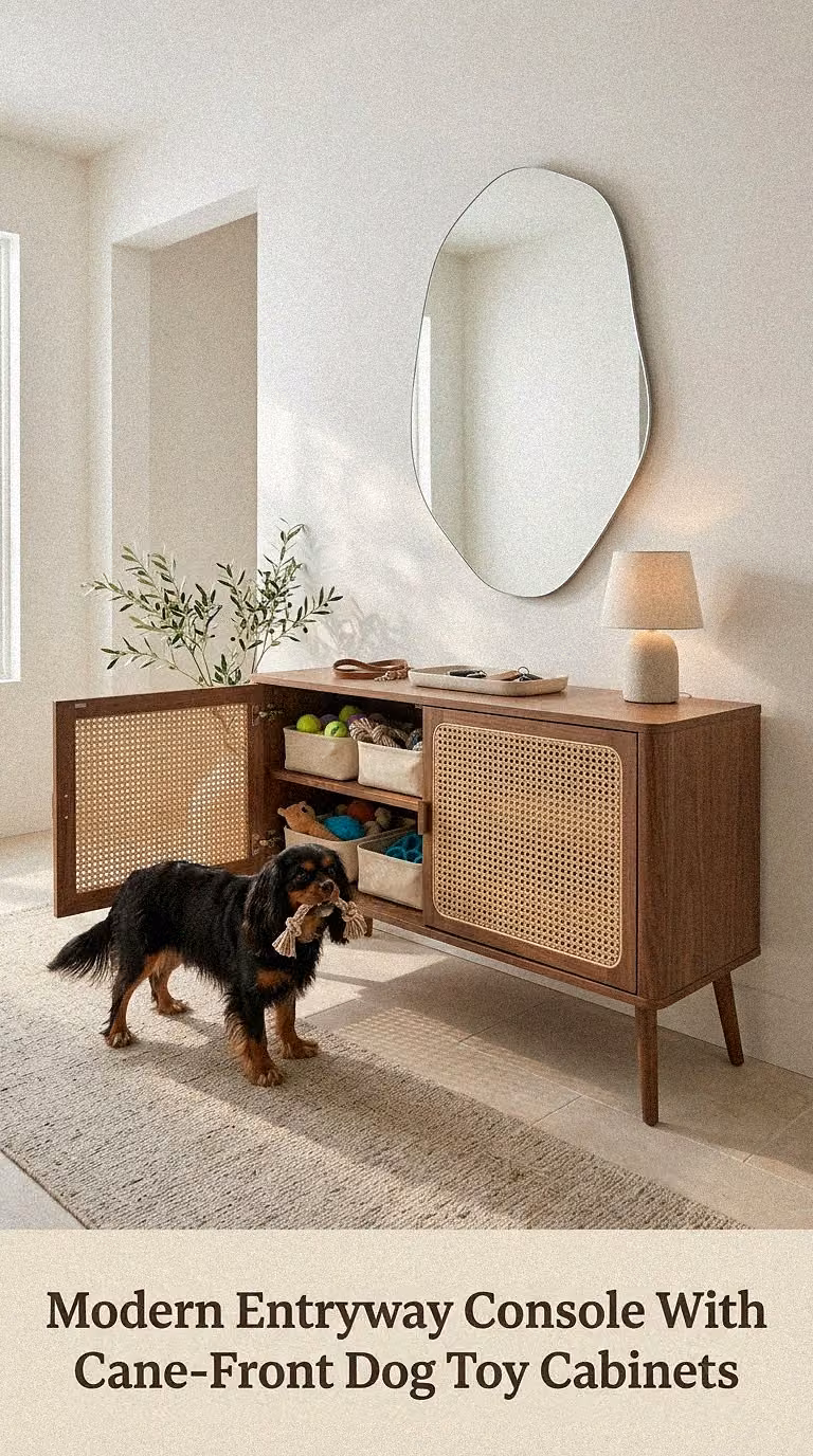 Modern Entryway Console With Cane-Front Dog Toy Cabinets