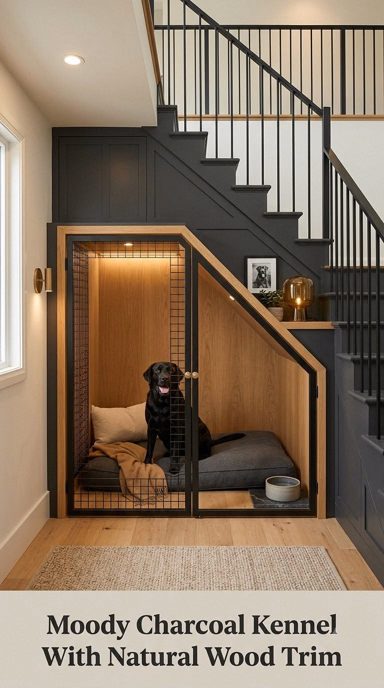 Moody Charcoal Kennel With Natural Wood Trim
