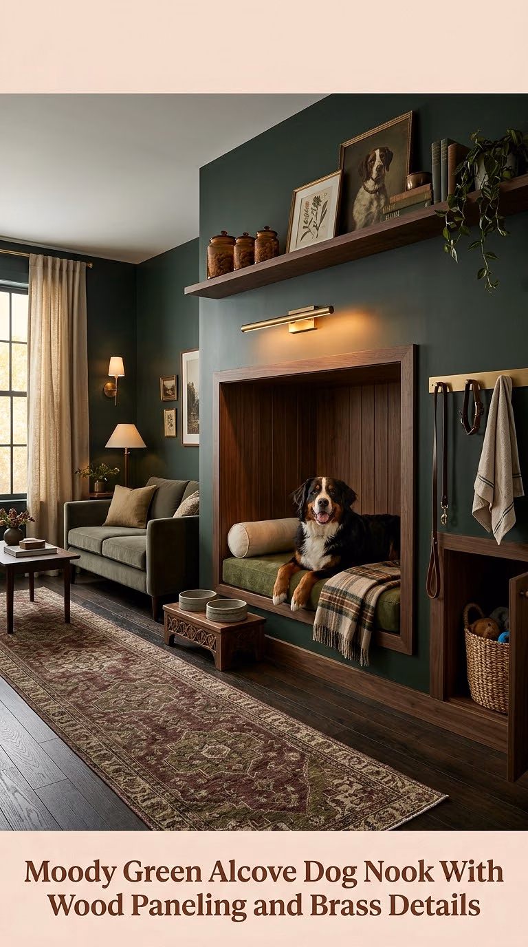 15. Moody Green Alcove Dog Nook With Wood Paneling and Brass Details
