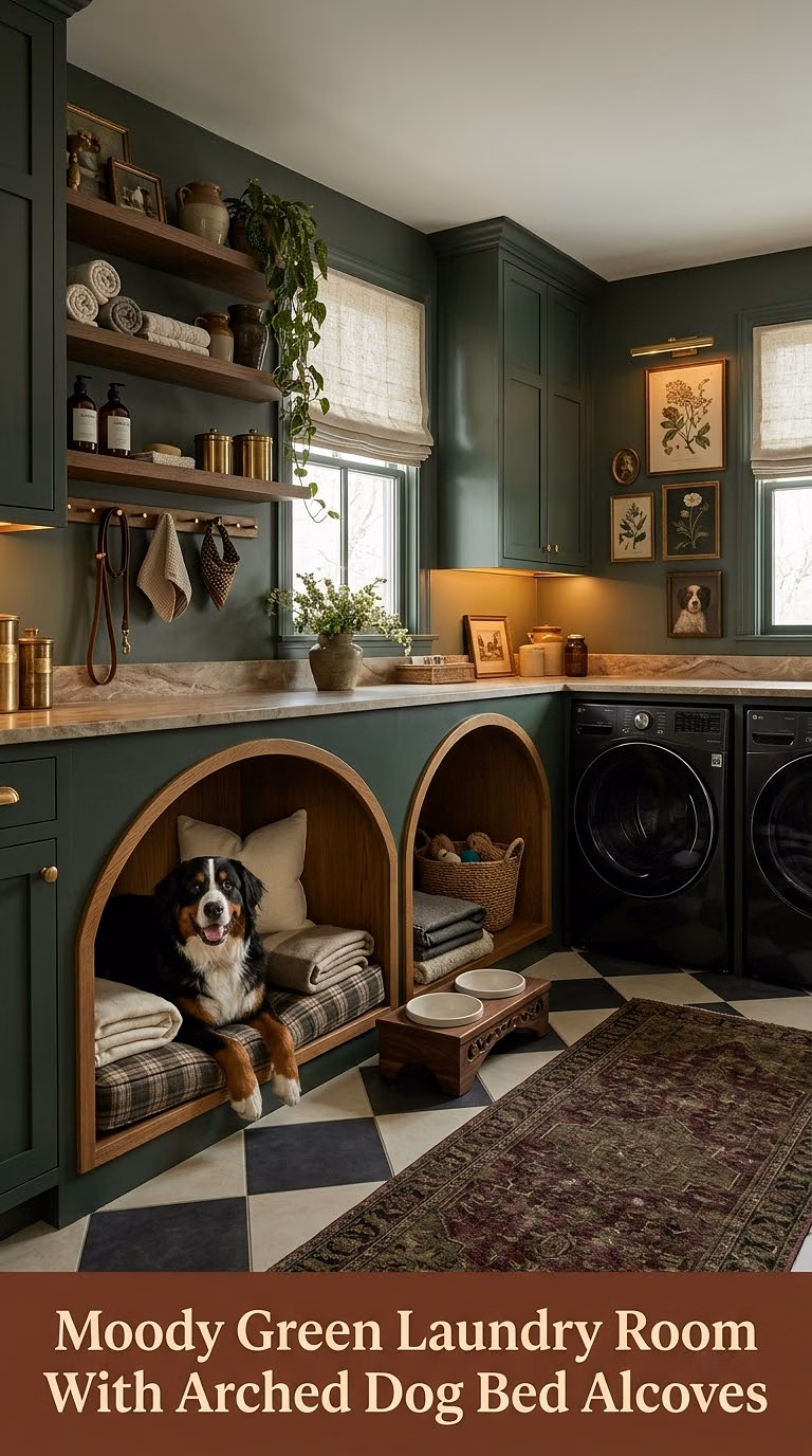 15. Moody Green Laundry Room With Arched Dog Bed Alcoves