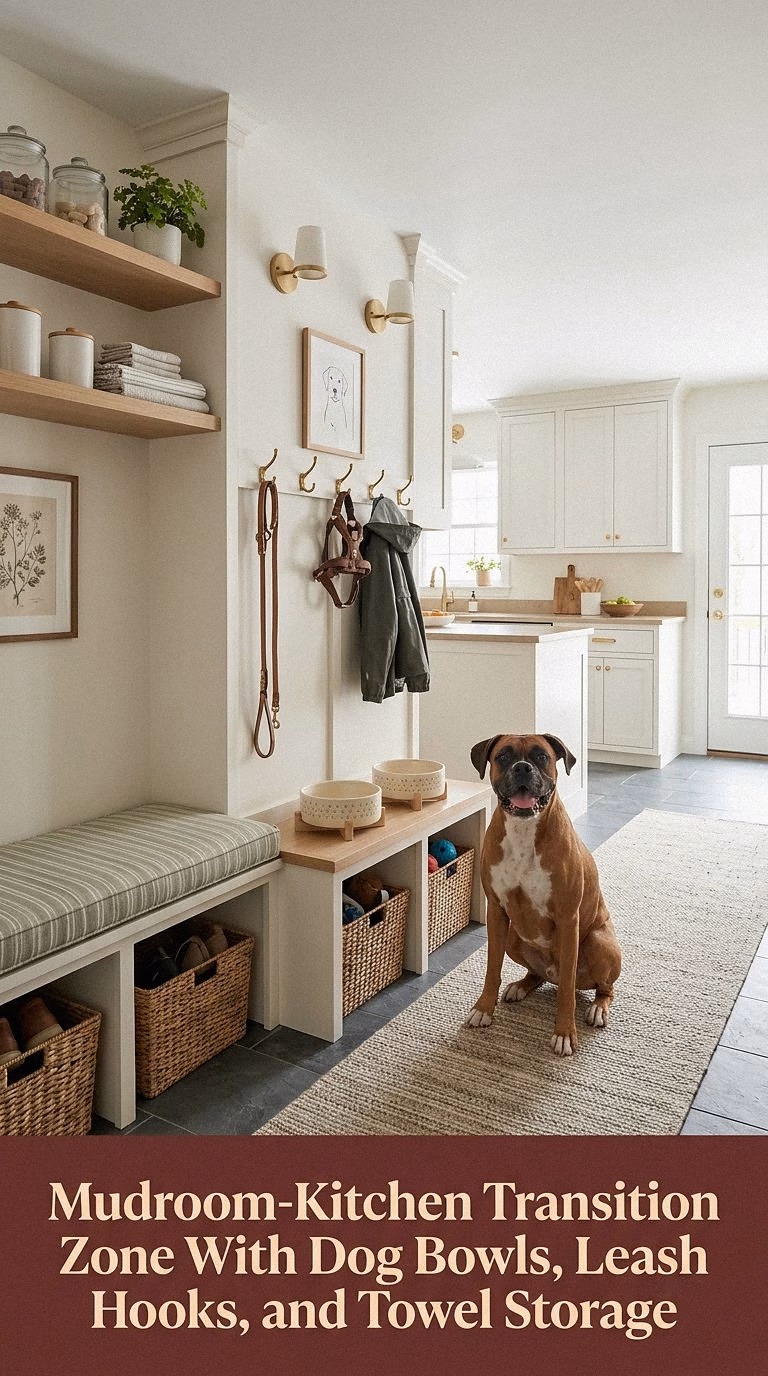 15. Mudroom-Kitchen Transition Zone With Dog Bowls, Leash Hooks, and Towel Storage