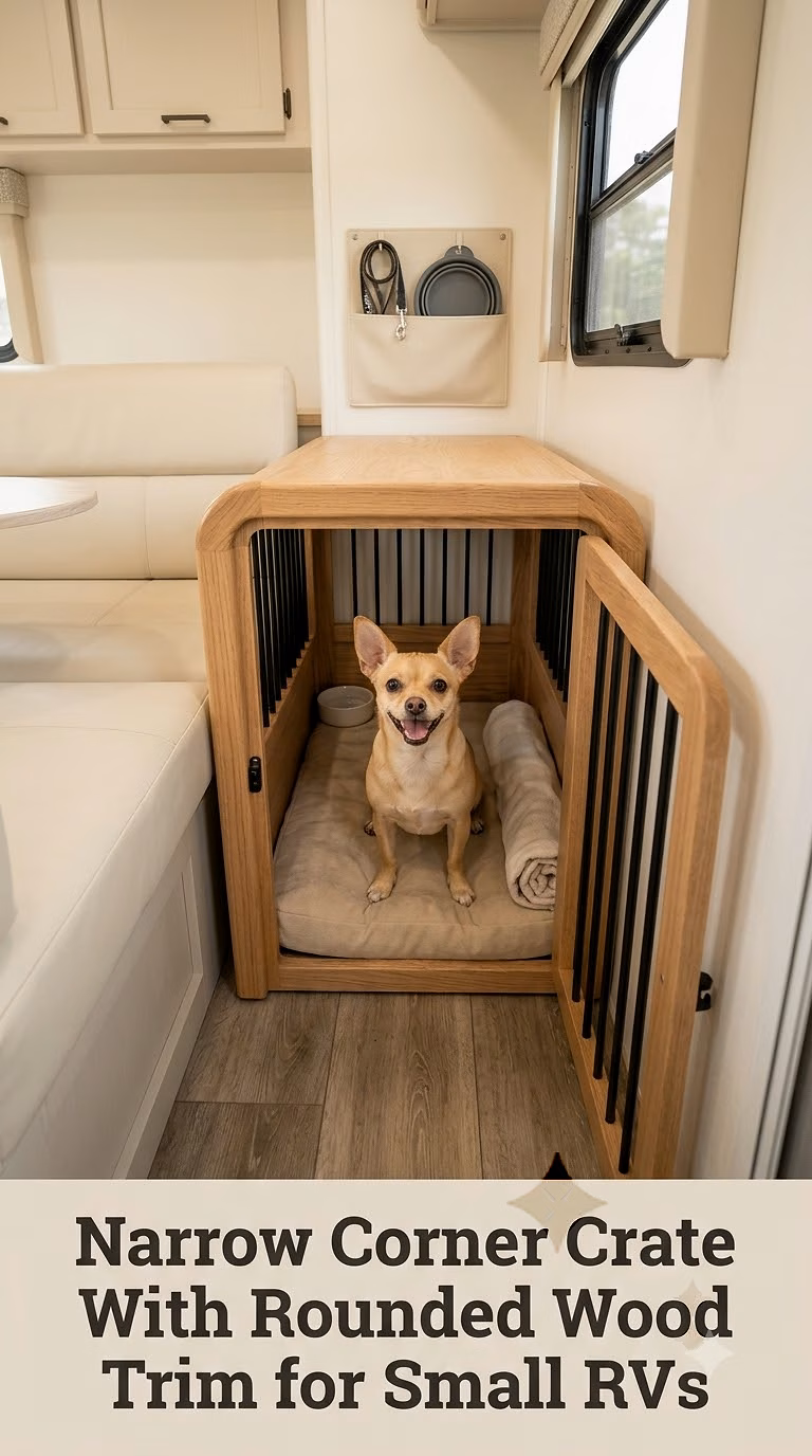 Narrow Corner Crate With Rounded Wood Trim for Small RVs