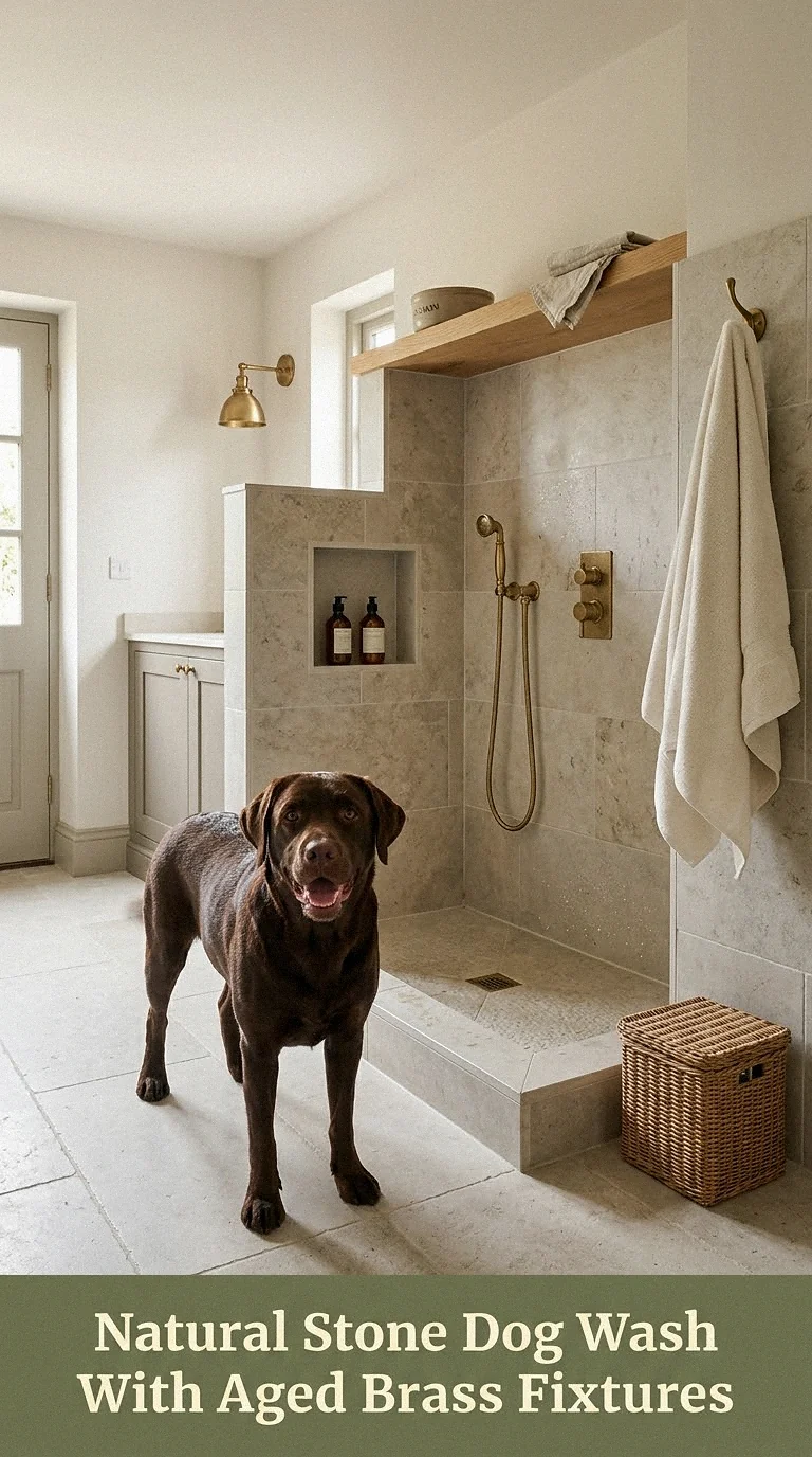 Natural Stone Dog Wash With Aged Brass Fixtures