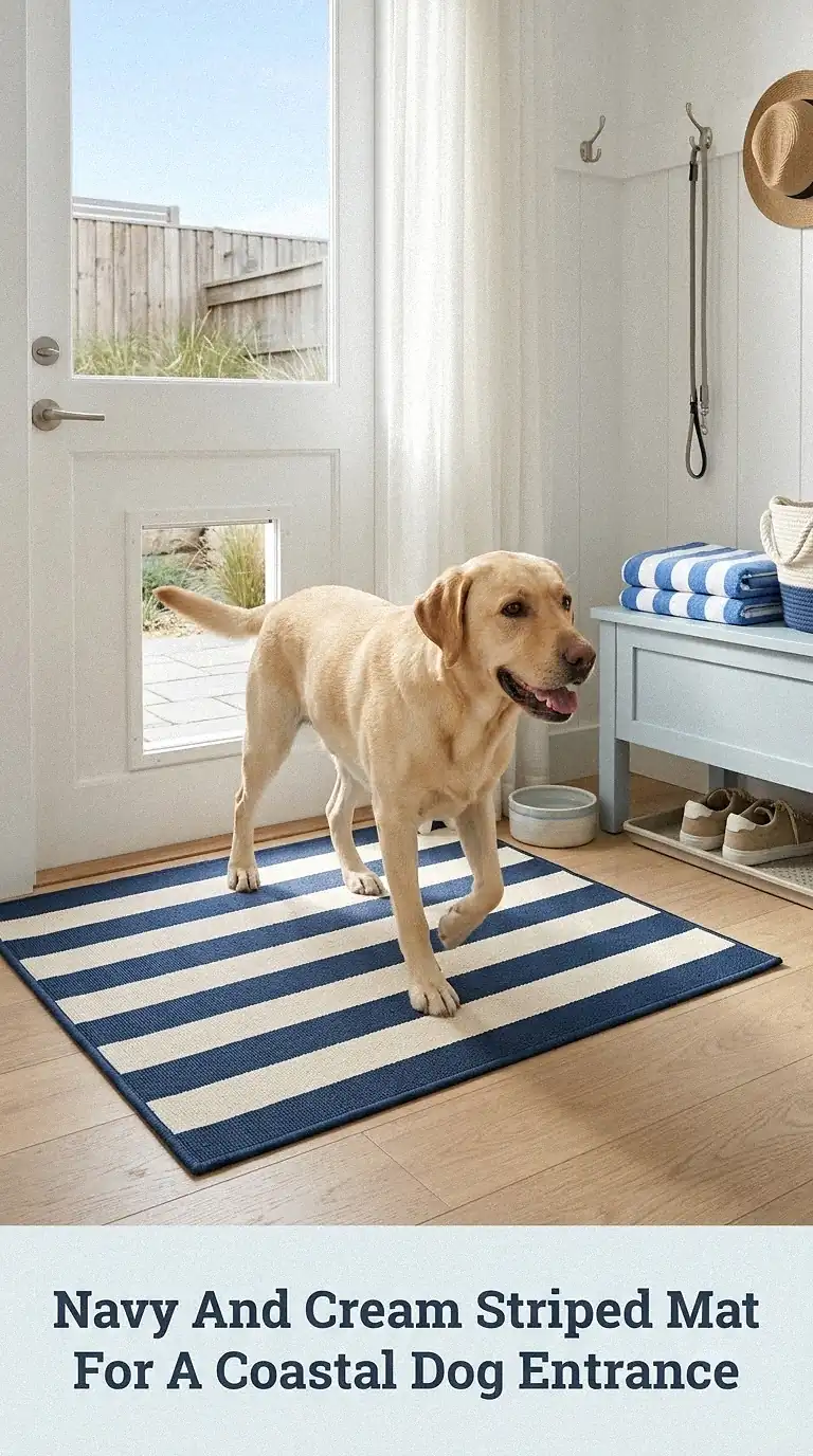 Navy And Cream Striped Mat For A Coastal Dog Entrance