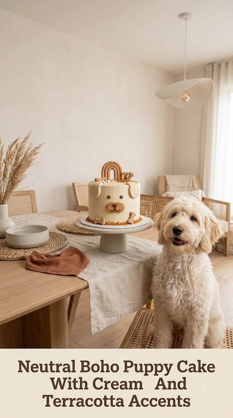 Neutral Boho Puppy Cake With Cream And Terracotta Accents
