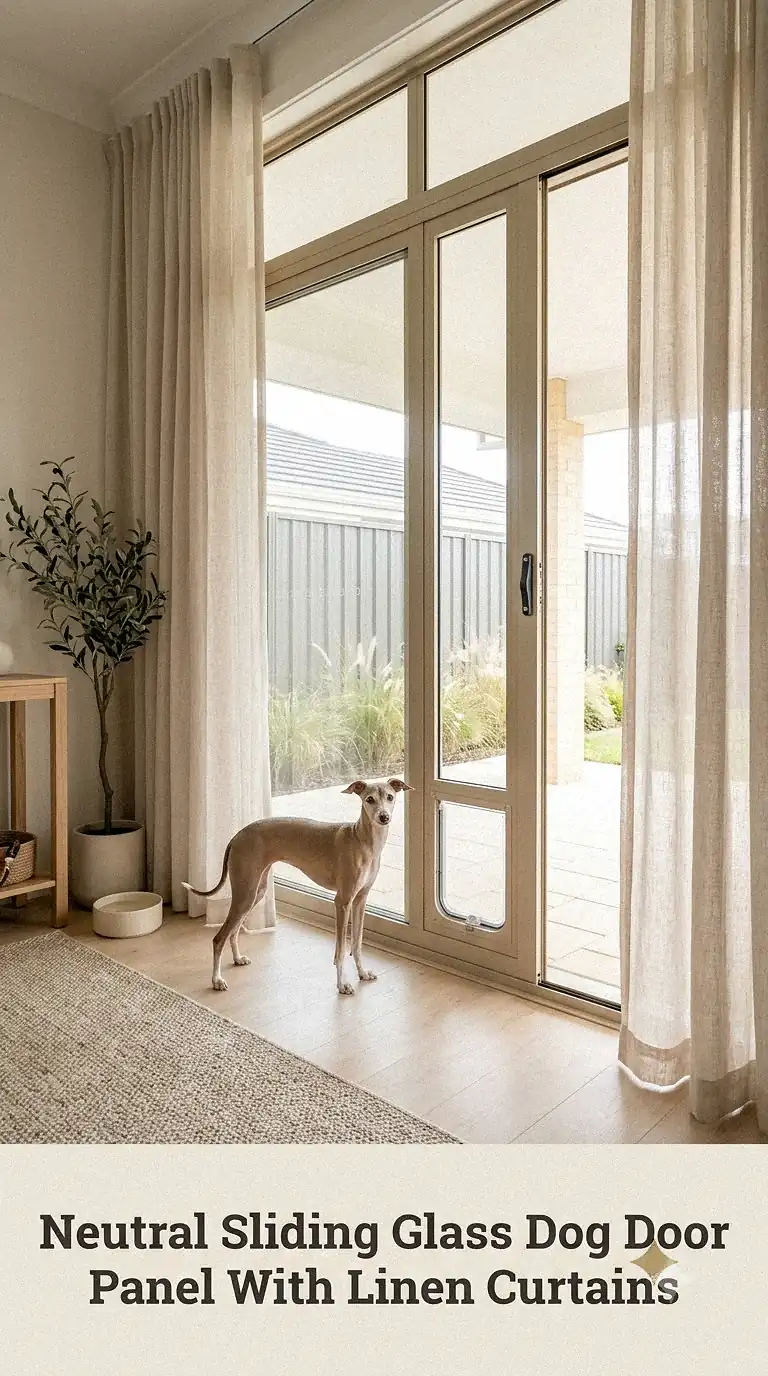 Neutral Sliding Glass Dog Door Panel With Linen Curtains