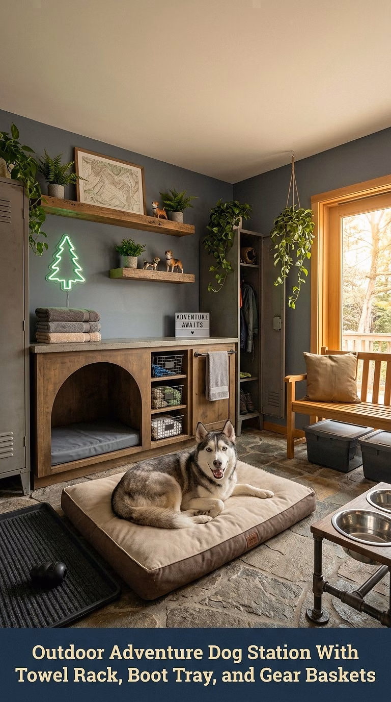 15. Outdoor Adventure Dog Station With Towel Rack, Boot Tray, and Gear Baskets