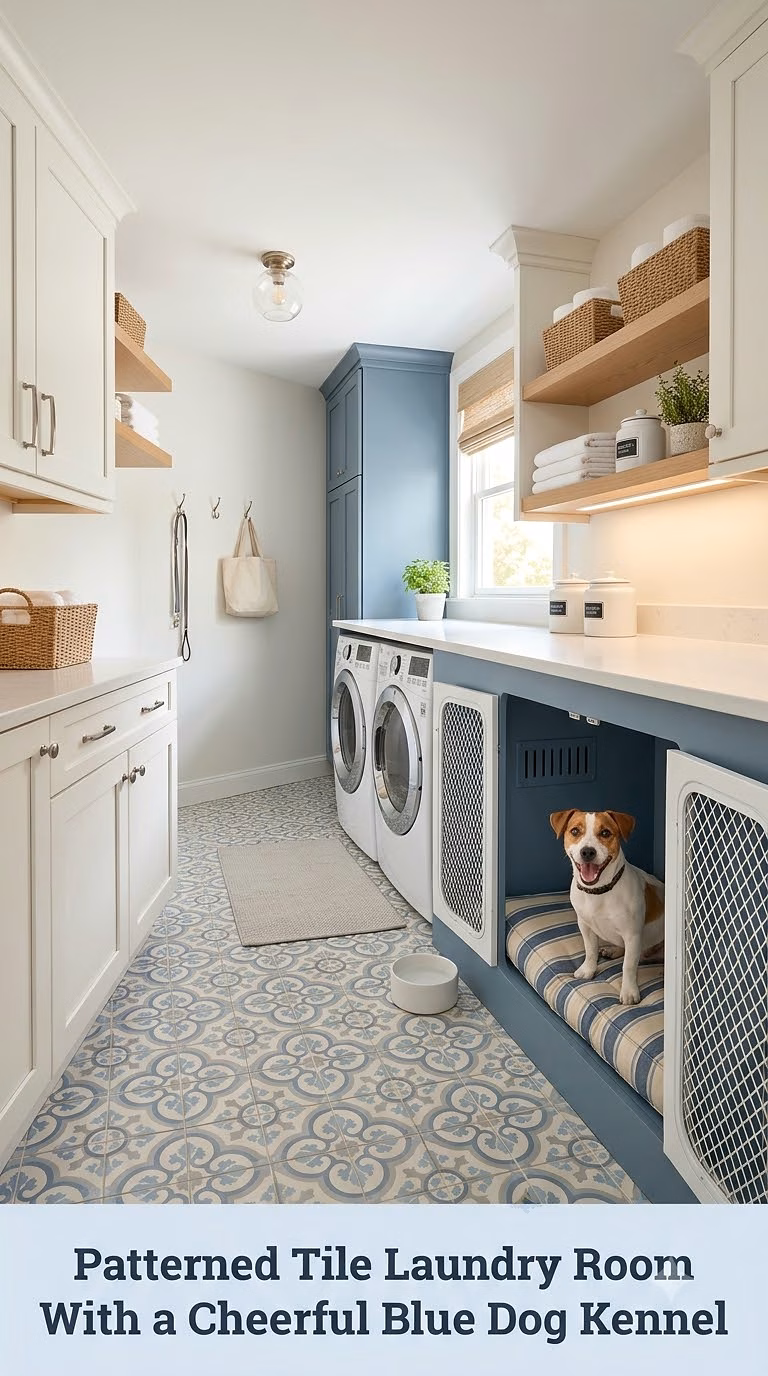 Patterned Tile Laundry Room With a Cheerful Blue Dog Kennel