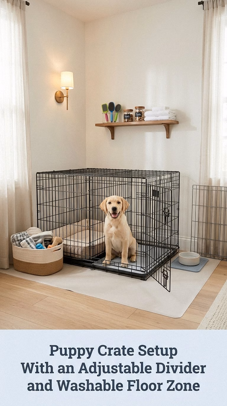 Puppy Crate Setup With an Adjustable Divider and Washable Floor Zone