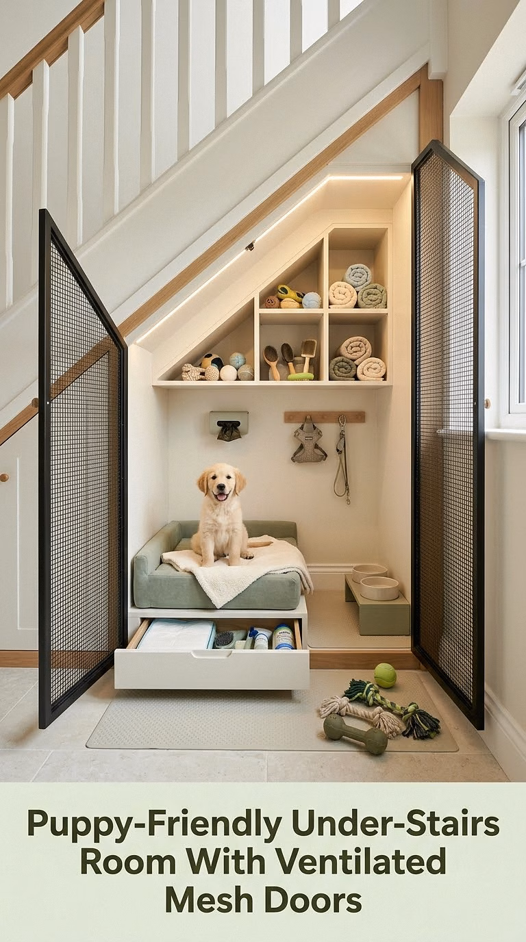 15. Puppy-Friendly Under-Stairs Room With Ventilated Mesh Doors