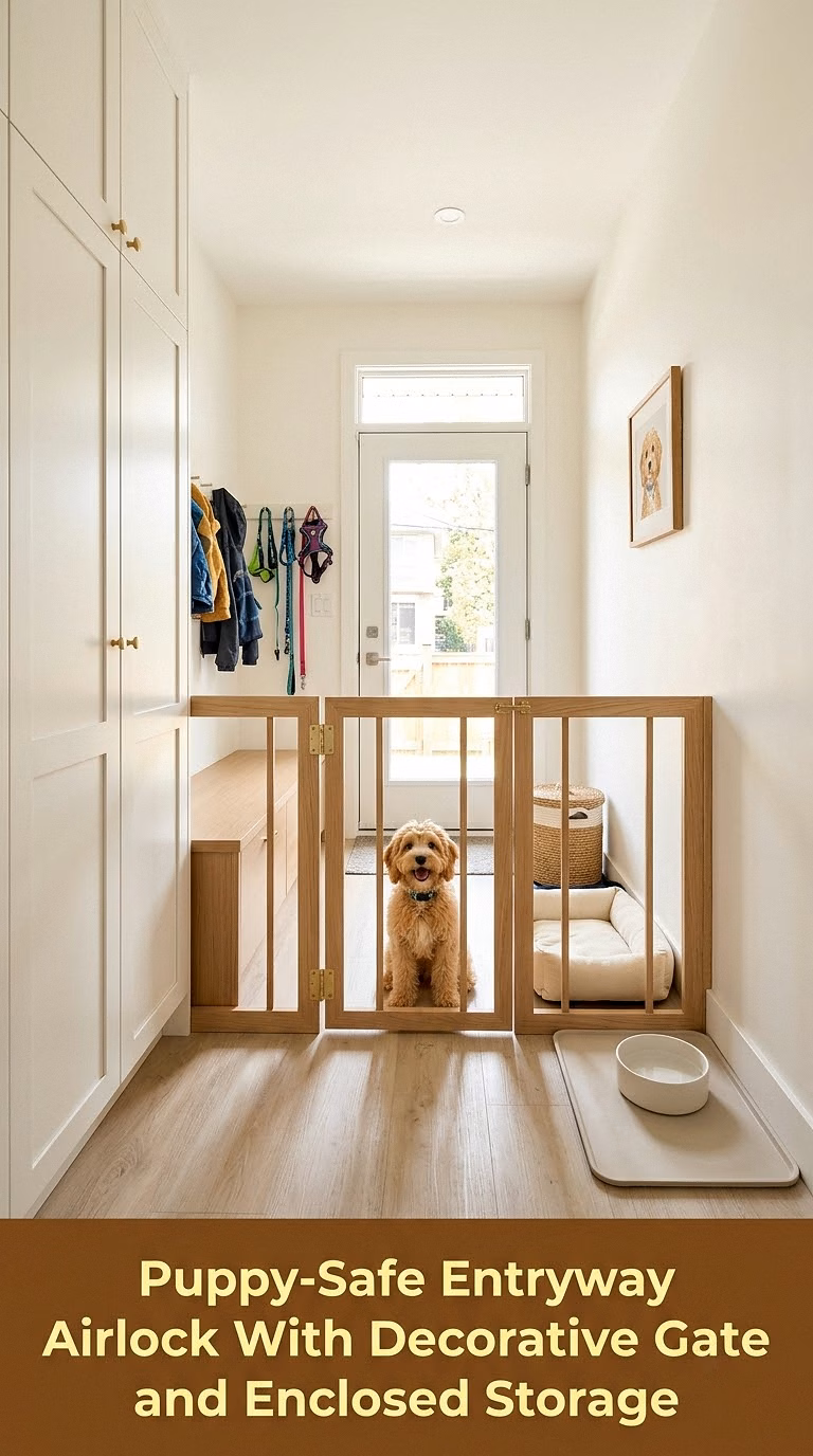 15. Puppy-Safe Entryway Airlock With Decorative Gate and Enclosed Storage
