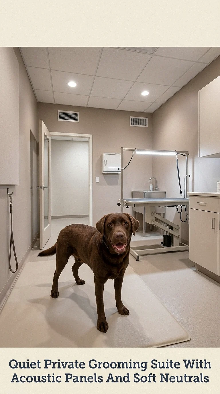 Quiet Private Grooming Suite With Acoustic Panels And Soft Neutrals
