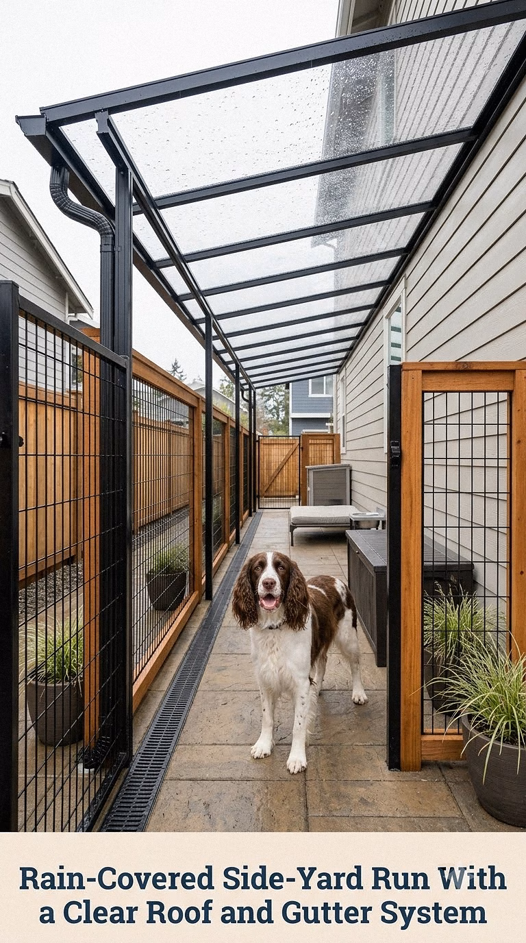 Rain-Covered Side-Yard Run With a Clear Roof and Gutter System