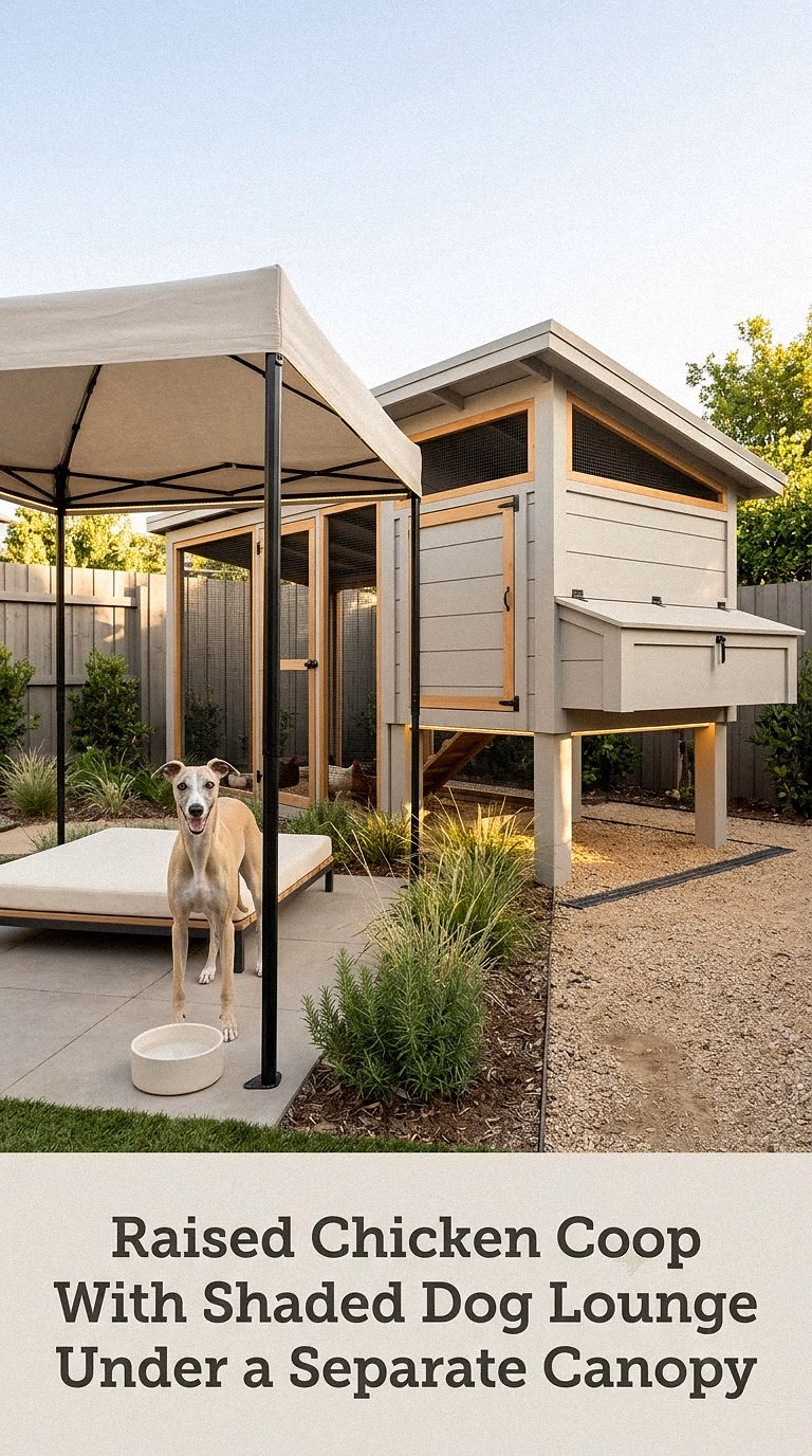 Raised Chicken Coop With Shaded Dog Lounge Under a Separate Canopy