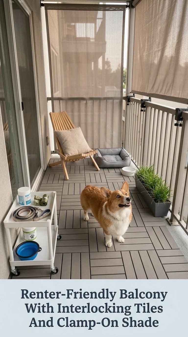Renter-Friendly Balcony With Interlocking Tiles And Clamp-On Shade