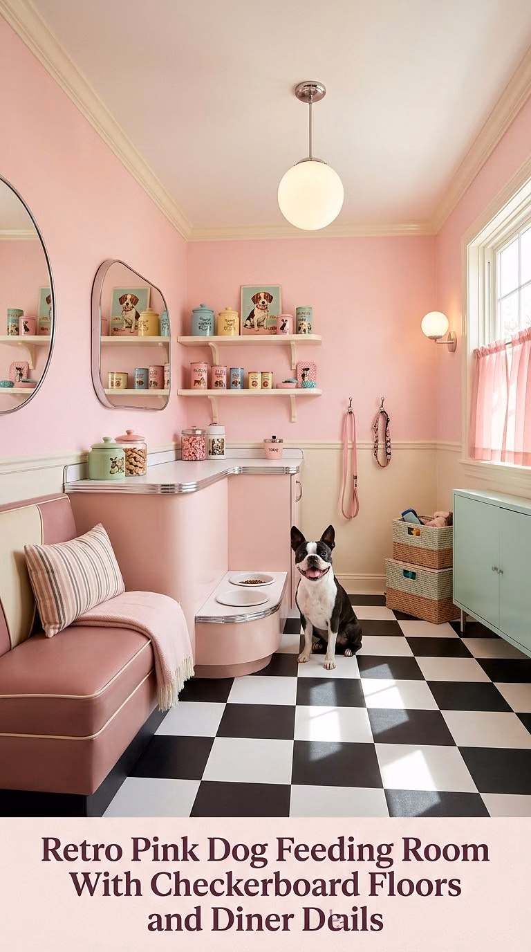 15. Retro Pink Dog Feeding Room With Checkerboard Floors and Diner Details