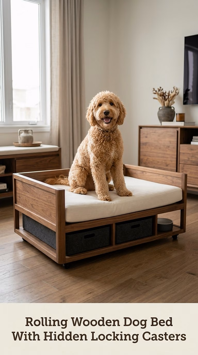 Rolling Wooden Dog Bed With Hidden Locking Casters