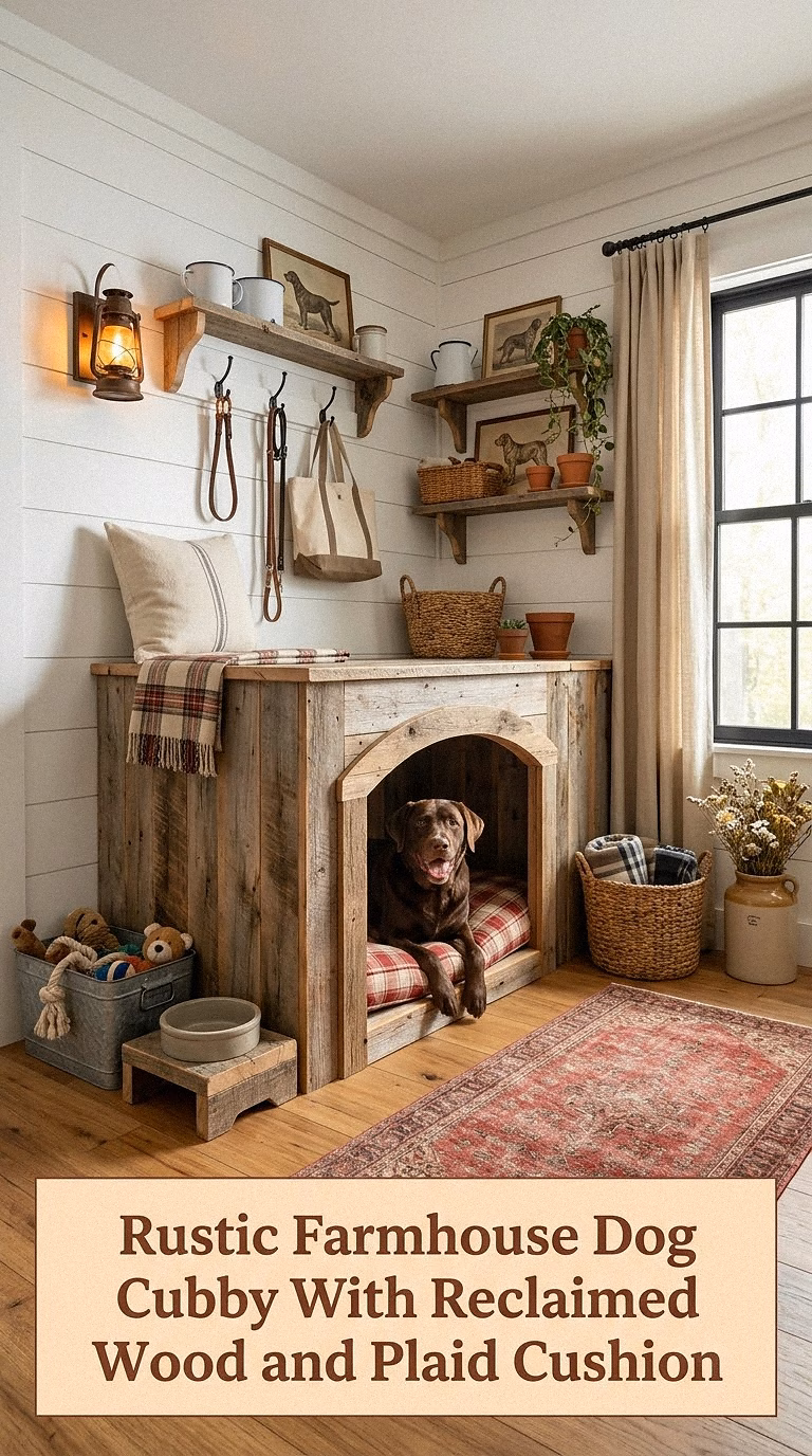 15. Rustic Farmhouse Dog Cubby With Reclaimed Wood and Plaid Cushion