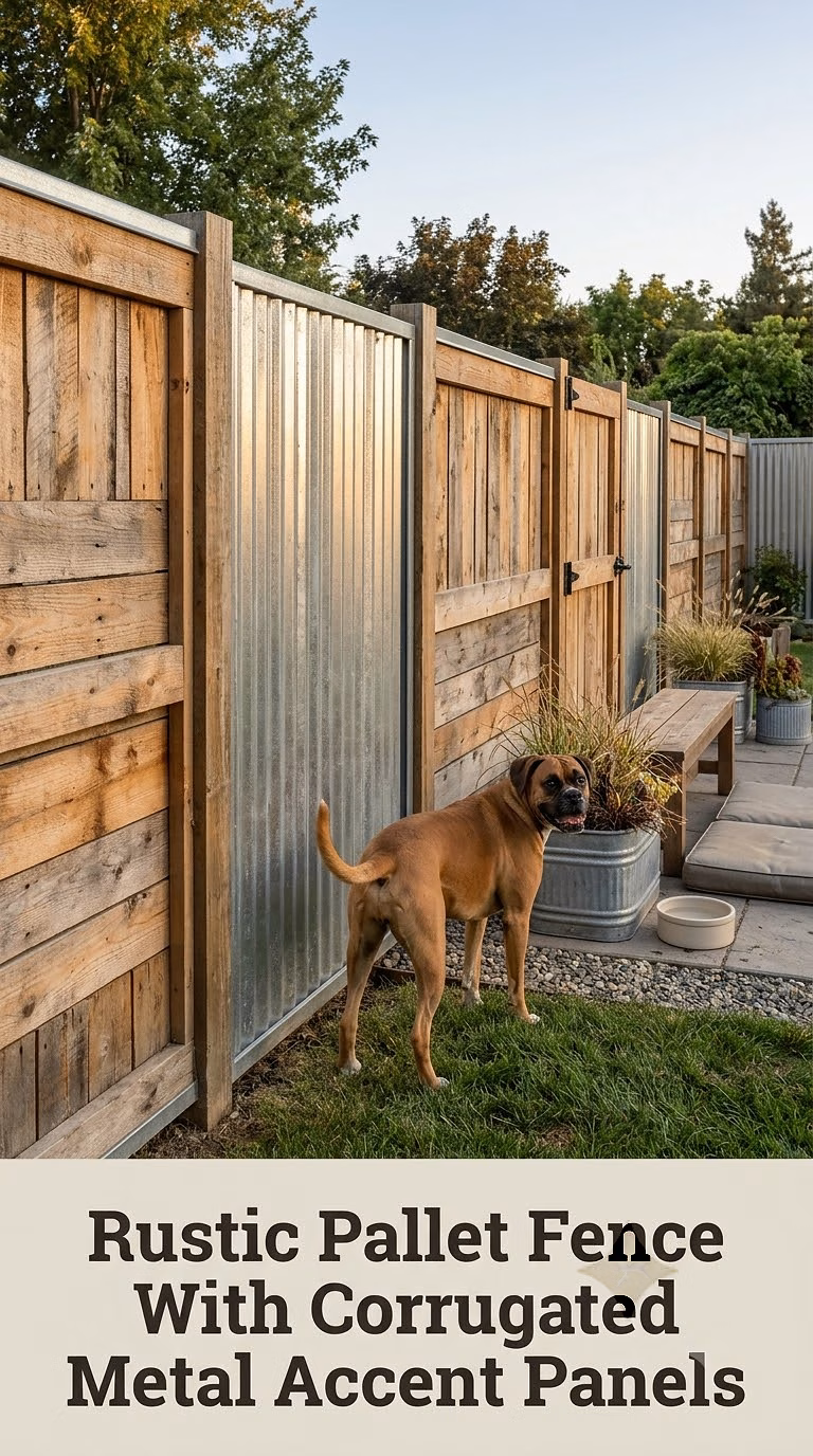 Rustic Pallet Fence With Corrugated Metal Accent Panels