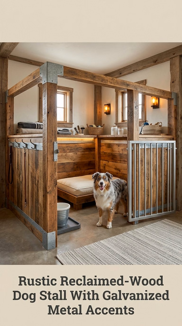 Rustic Reclaimed-Wood Dog Stall With Galvanized Metal Accents