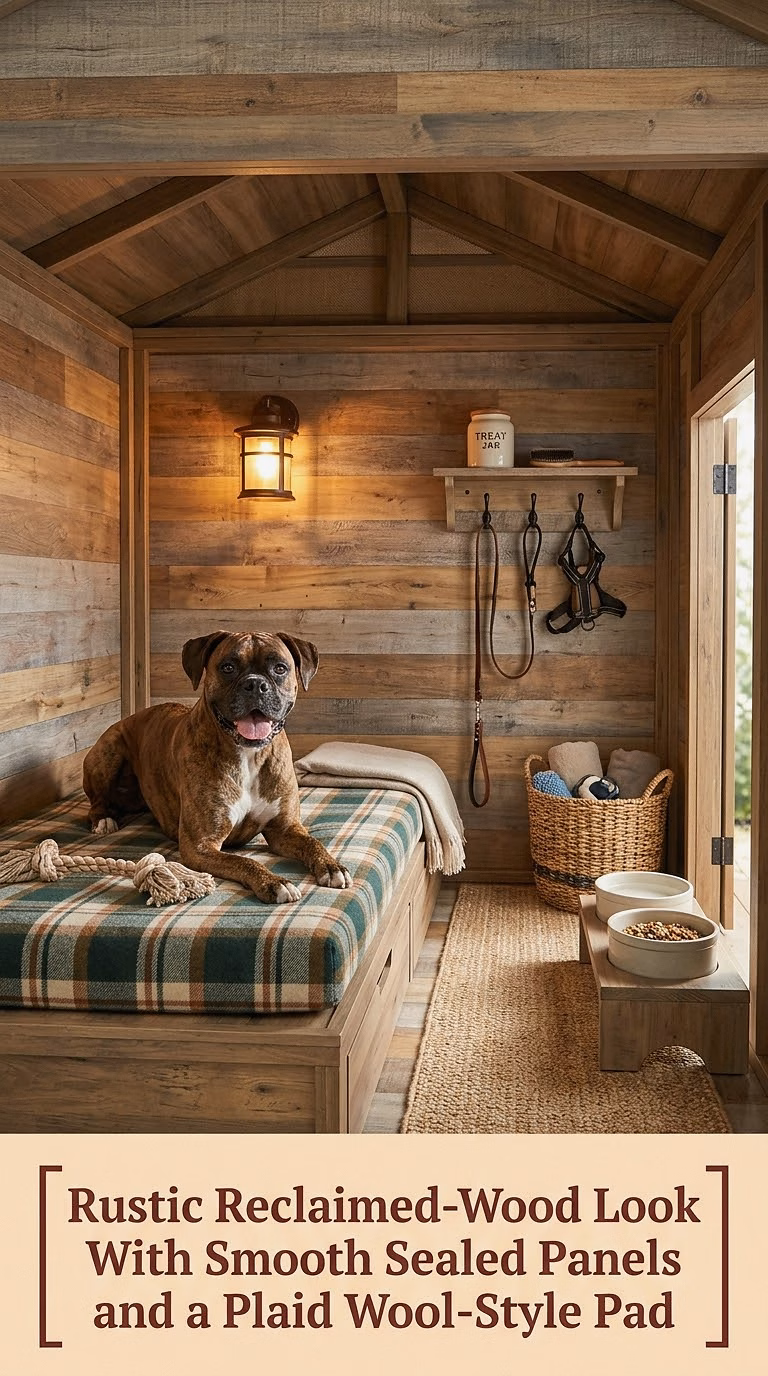 15. Rustic Reclaimed-Wood Look With Smooth Sealed Panels and a Plaid Wool-Style Pad